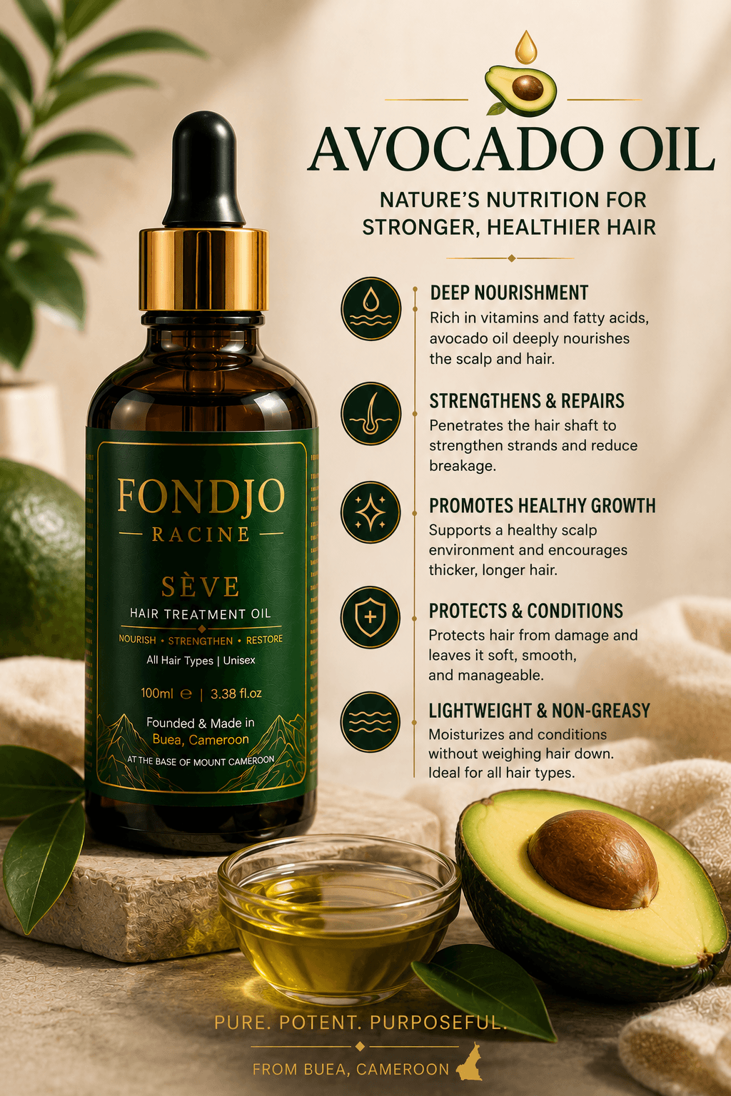 Avocado oil ingredient artwork with FONDJO RACINE SEVE bottle
