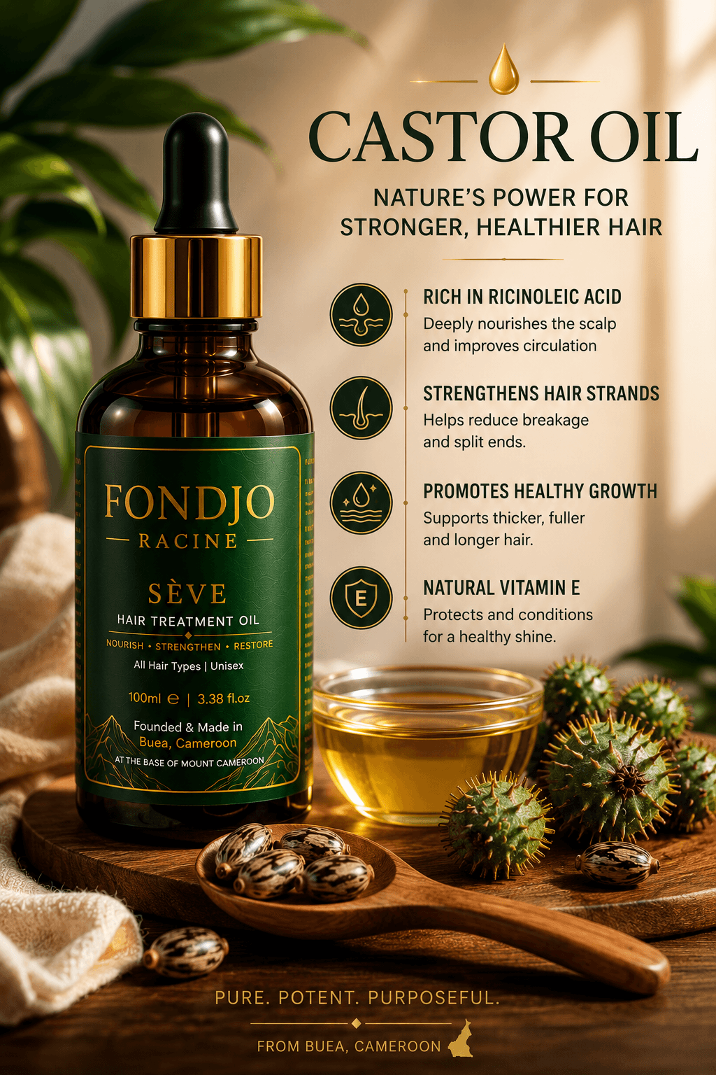 Castor oil ingredient artwork with FONDJO RACINE SEVE bottle