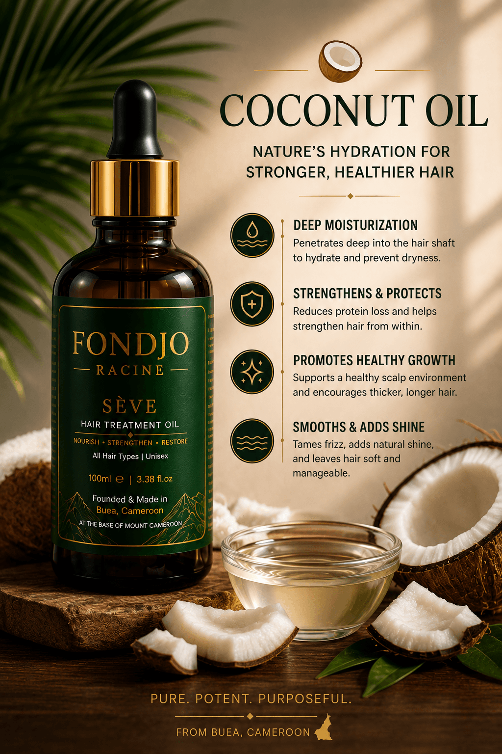 Coconut oil ingredient artwork with FONDJO RACINE SEVE bottle
