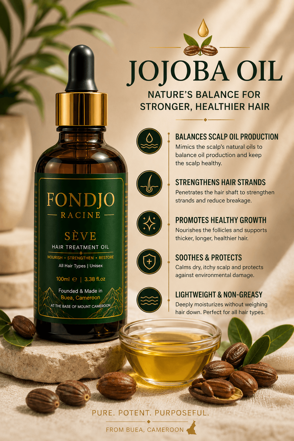 Jojoba oil ingredient artwork with FONDJO RACINE SEVE bottle