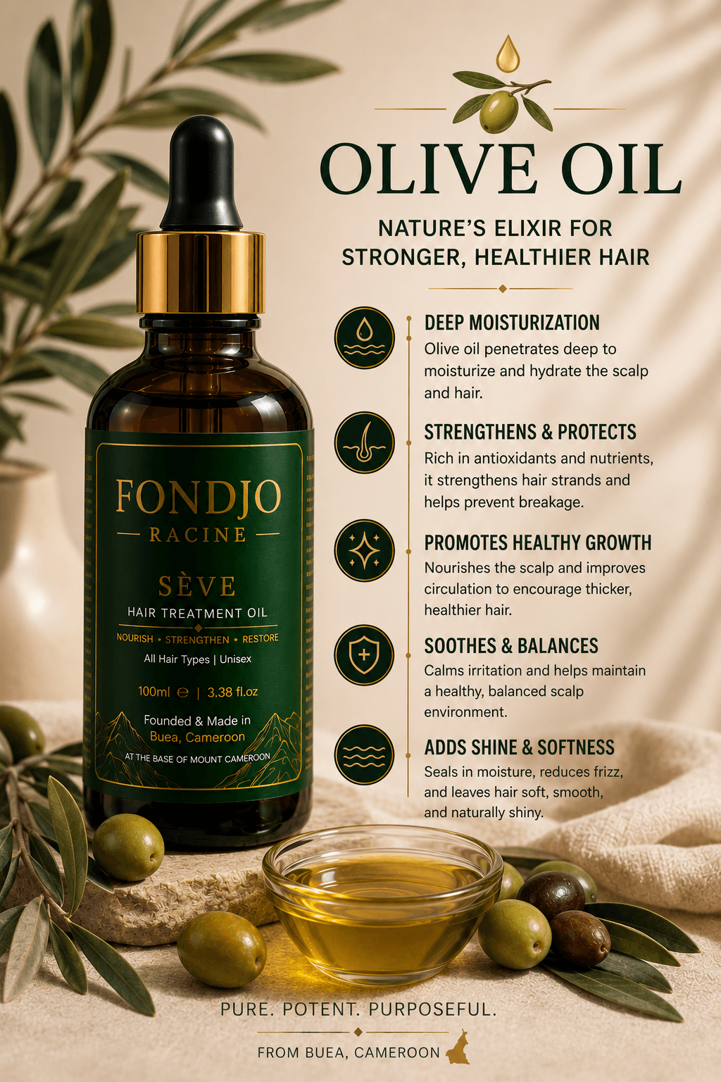 Olive oil ingredient artwork with FONDJO RACINE SEVE bottle