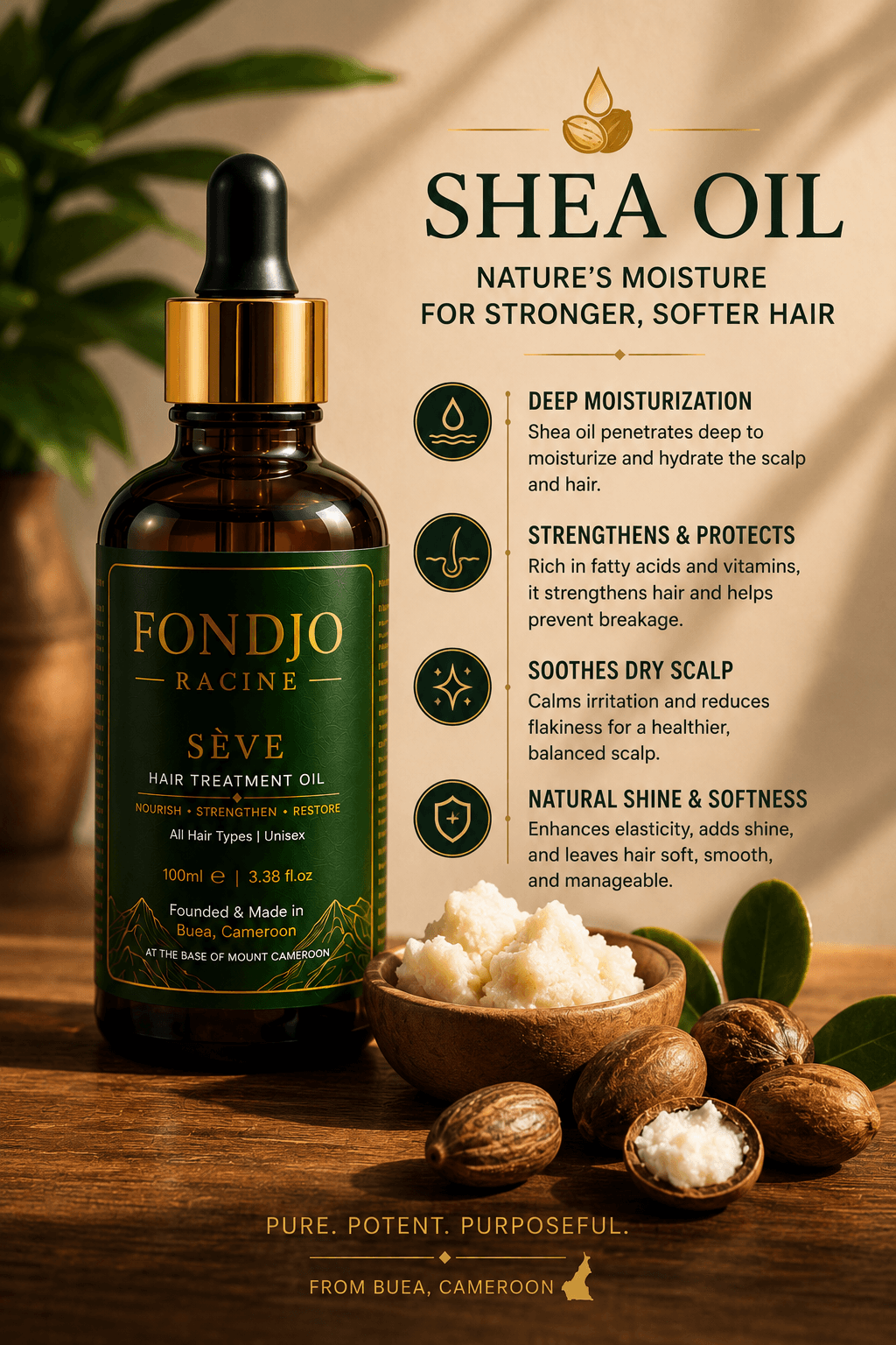 Shea oil ingredient artwork with FONDJO RACINE SEVE bottle