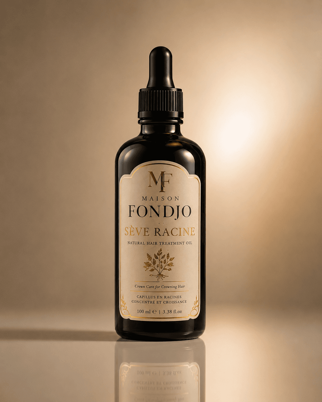 Sève Racine bottle in a reflective black studio
